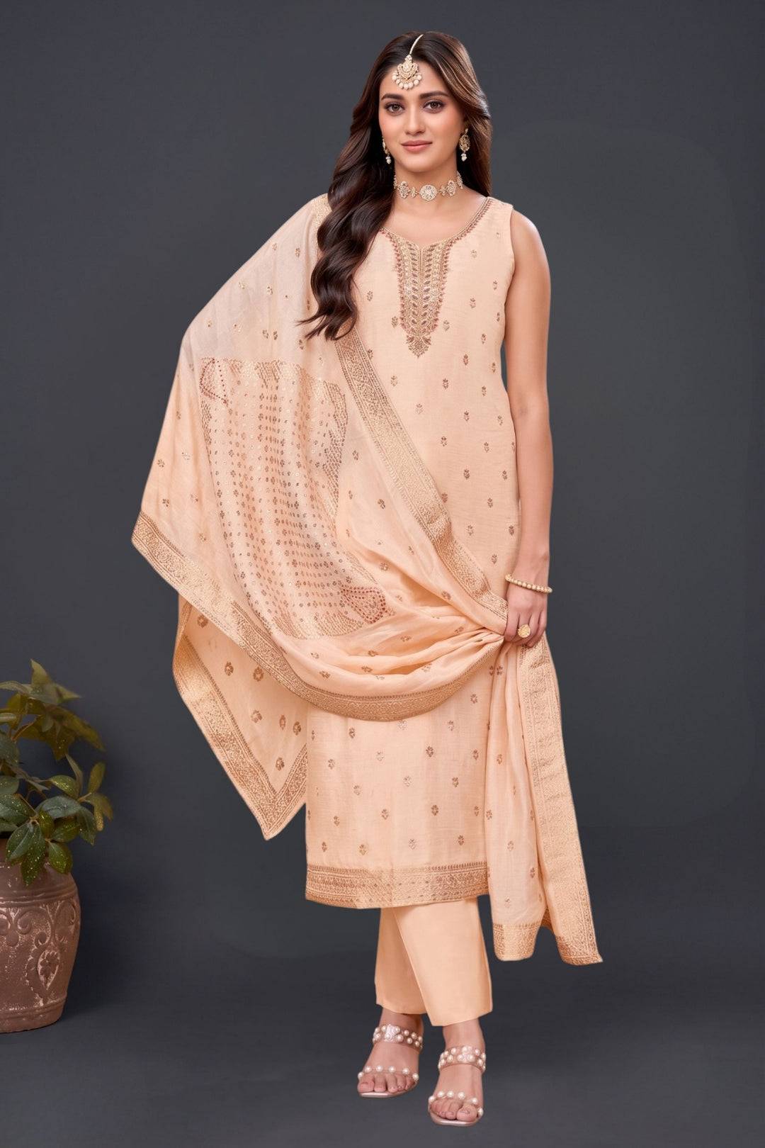 Peach Banaras, Beads and Stone work Straight Cut Salwar Suit