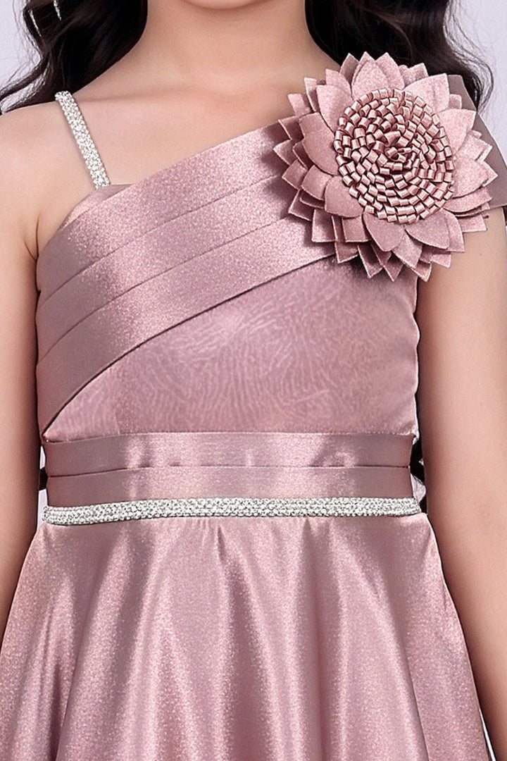 Rosy Peach One-Shoulder Flared Gown with Flower Applique for Girls