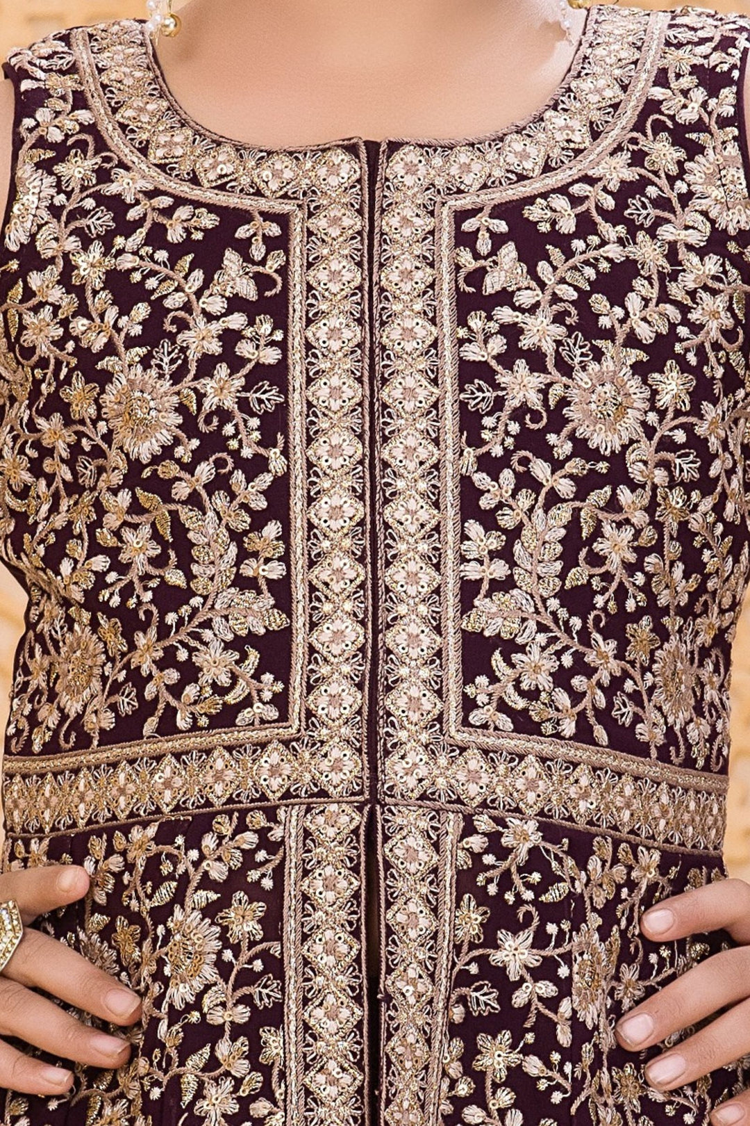 Wine Zari and Sequins work Palazzo Suit Set for Girls