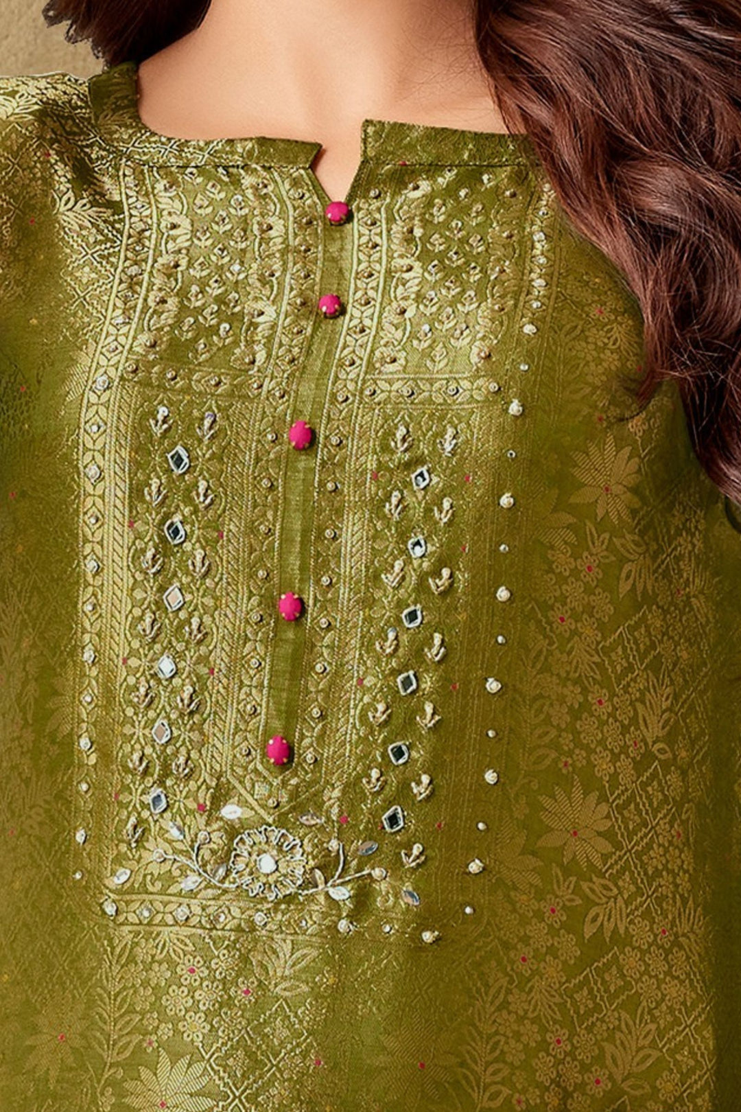 Mehendi Green Mirror, Zardozi, Beads and Brocade work Straight Cut Salwar Suit