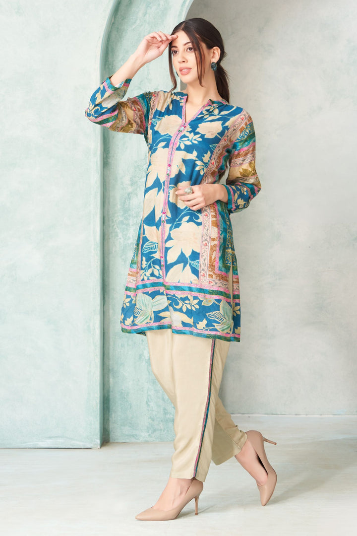 Blue with Beige Digital Print and Sequins work Cord Set