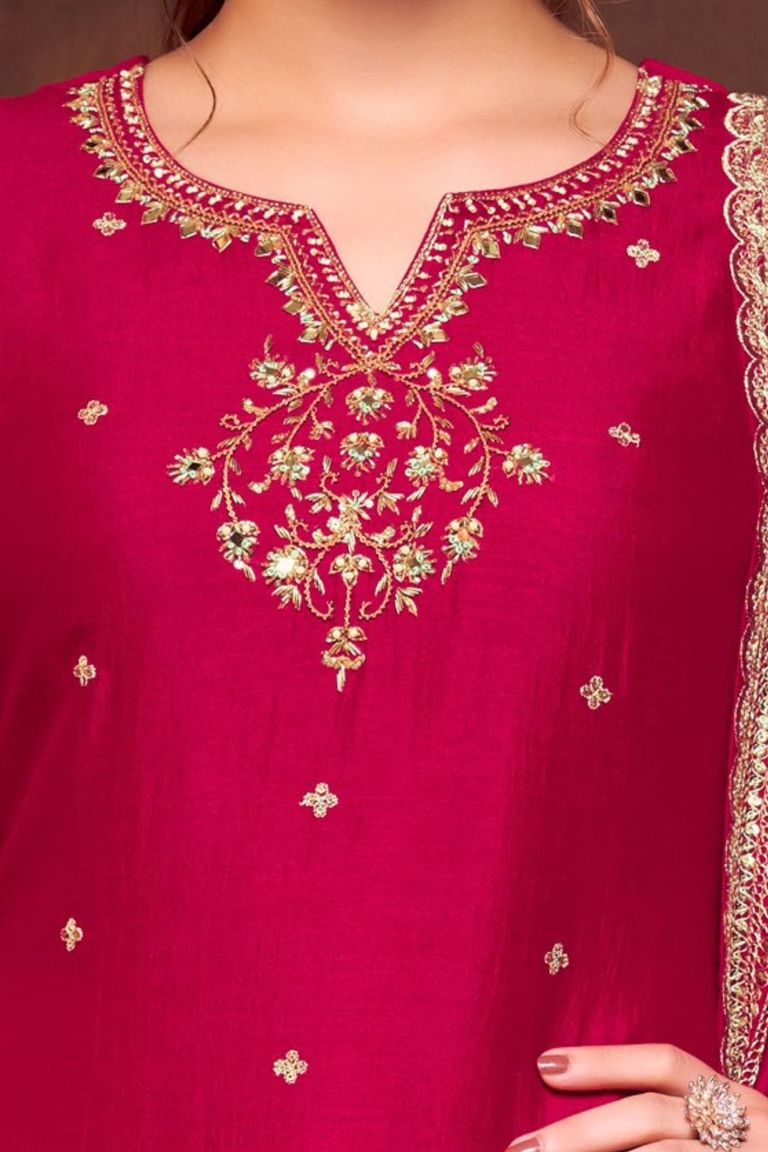 Red Sequins, Zari, Mirror, Zardozi, Beads and Pearls work Straight Cut Salwar Suit