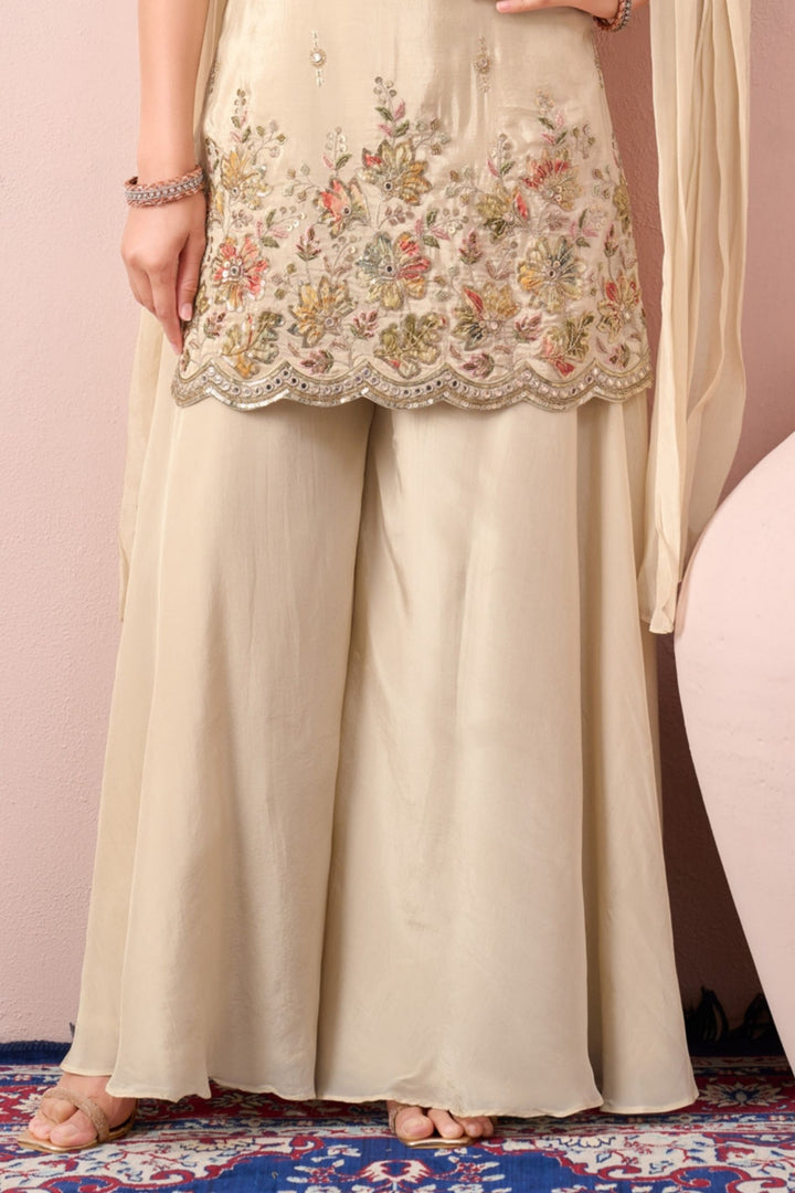 Cream Zari, Sequins, Beads and Mirror work with Floral Print Palazzo Salwar Suit