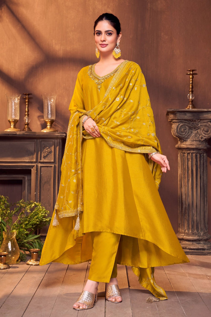 Yellow Sequins, Zari, Mirror, Stone and Zardozi work A-line Cut Salwar Suit