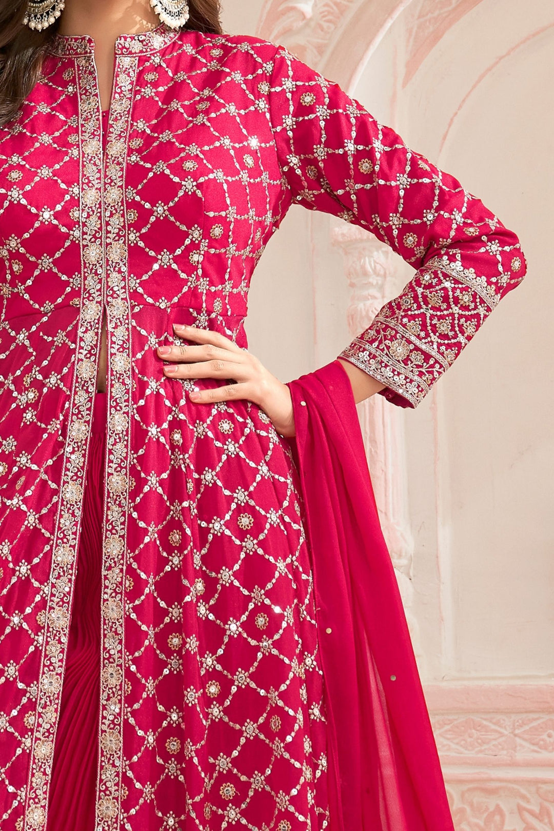 Rani Pink Sequins and Zari work Mastani Styled Palazzo Suit