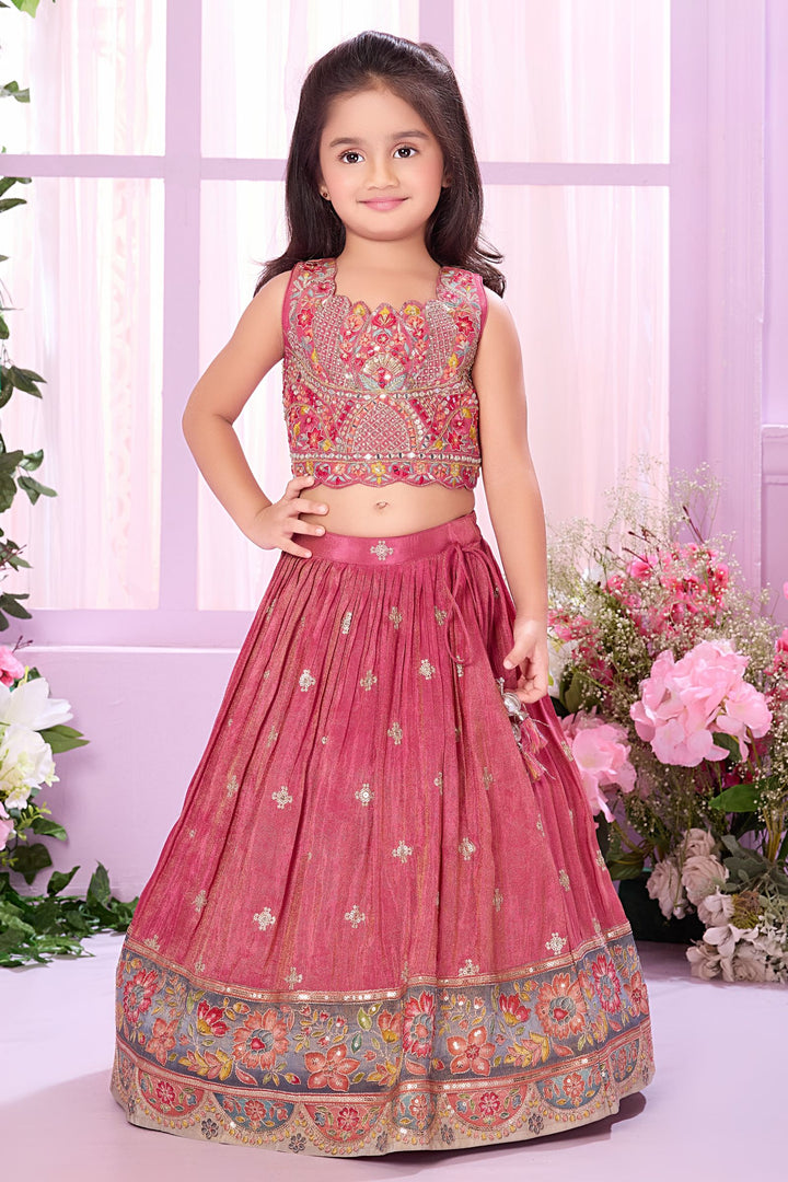 Pink Multicolor Embroidery, Stone and Beads work with Digital Print Lehenga Choli for Girls