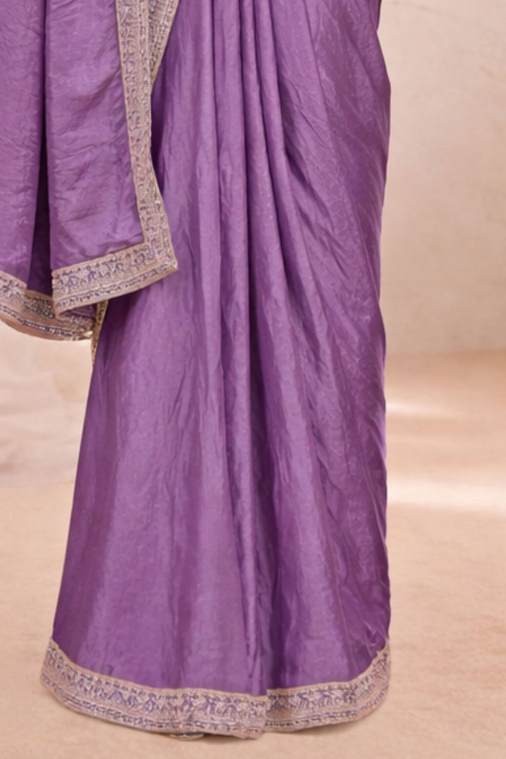 Lavender Readymade Saree with Pearl, Zari, Mirror and Stone work Readymade Blouse