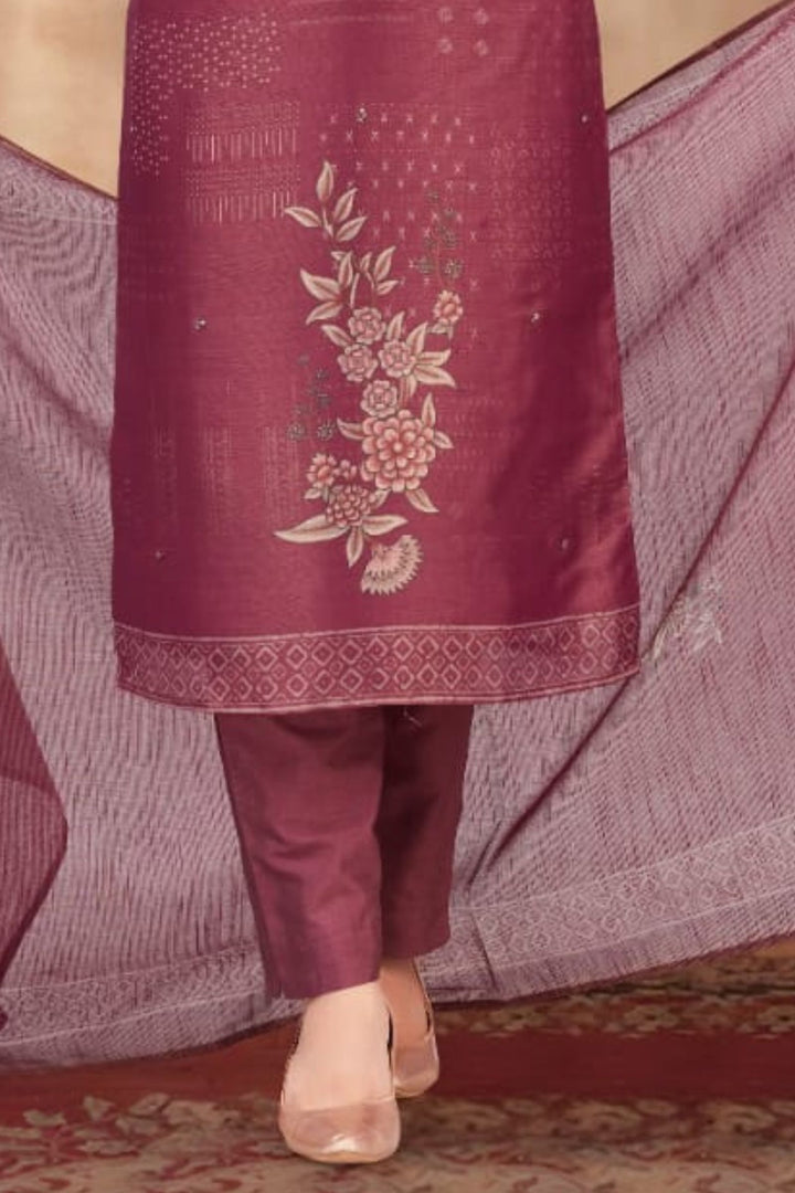 Wine Zardozi, Beads, Stone and Sequins work with Digital Print Straight Cut Salwar Suit