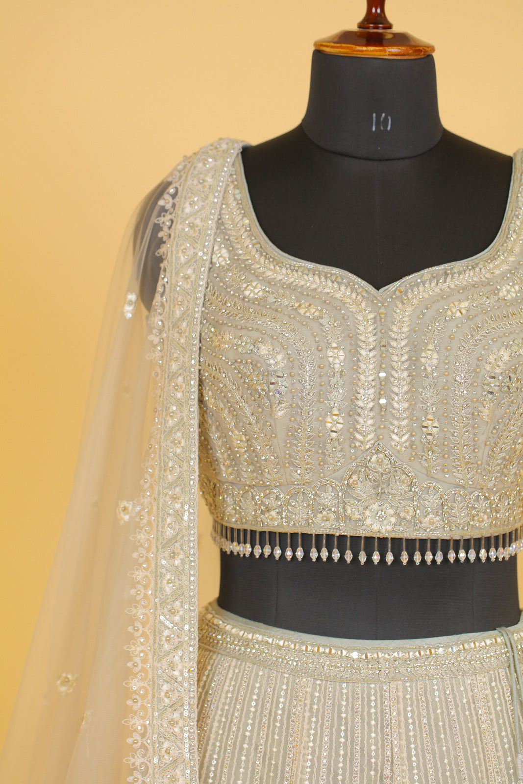 Light Grey Beads, Pearl, Stone, Mirror and Thread work Crop Top Lehenga