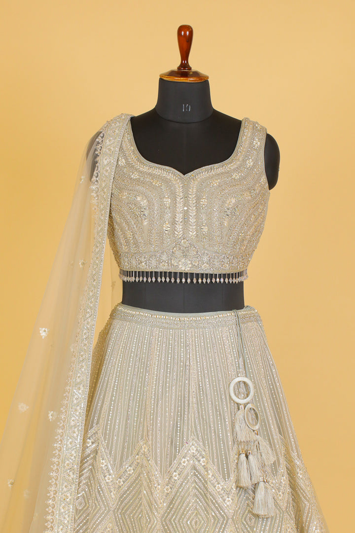 Light Grey Beads, Pearl, Stone, Mirror and Thread work Crop Top Lehenga