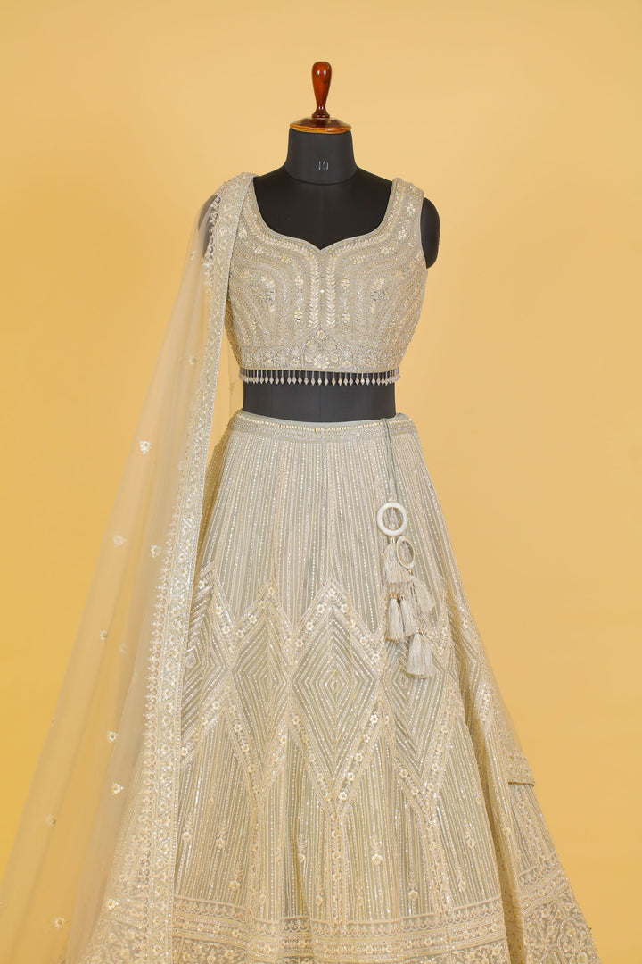 Light Grey Beads, Pearl, Stone, Mirror and Thread work Crop Top Lehenga