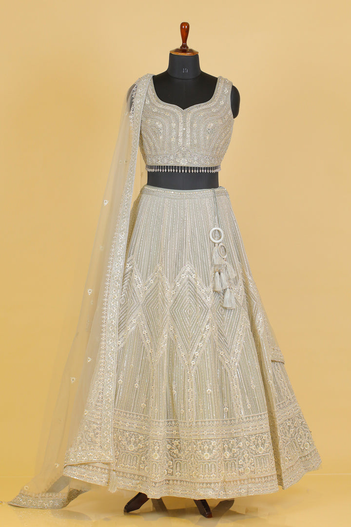 Light Grey Beads, Pearl, Stone, Mirror and Thread work Crop Top Lehenga