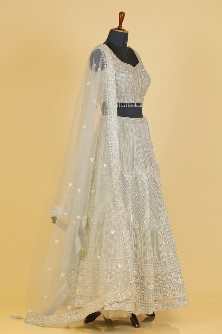 Light Grey Beads, Pearl, Stone, Mirror and Thread work Crop Top Lehenga