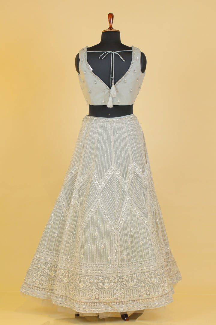 Light Grey Beads, Pearl, Stone, Mirror and Thread work Crop Top Lehenga