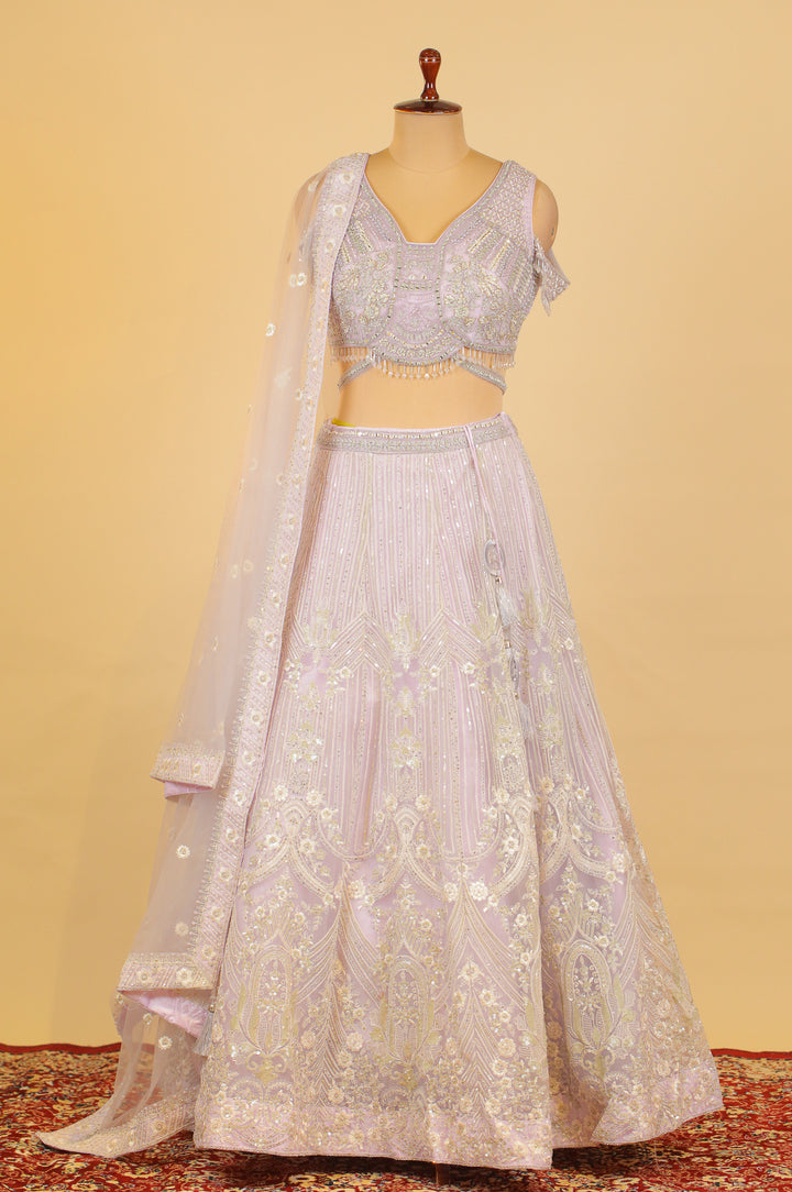 Light Lavender Mirror, Pearl, Thread, Stone and Beads work Crop Top Lehenga