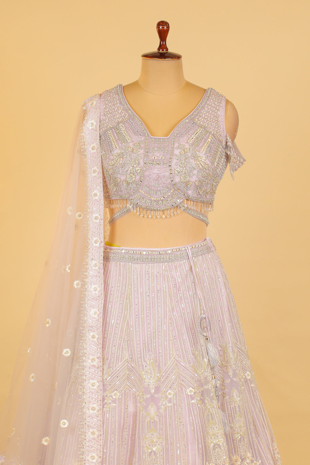 Light Lavender Mirror, Pearl, Thread, Stone and Beads work Crop Top Lehenga