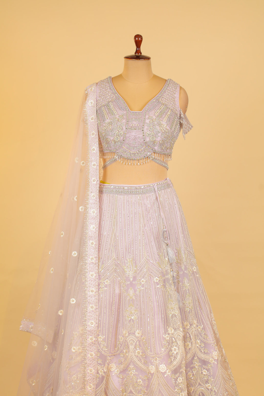 Light Lavender Mirror, Pearl, Thread, Stone and Beads work Crop Top Lehenga