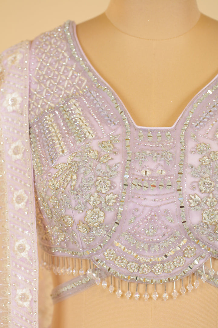 Light Lavender Mirror, Pearl, Thread, Stone and Beads work Crop Top Lehenga