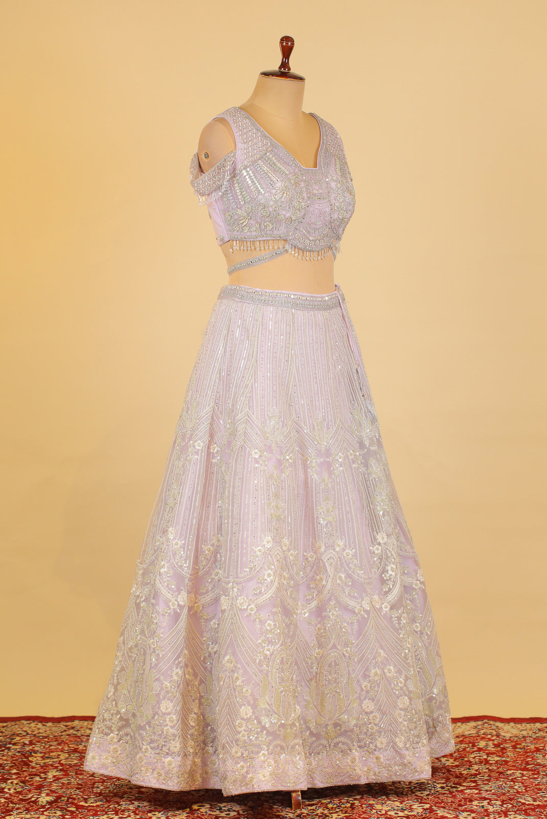 Light Lavender Mirror, Pearl, Thread, Stone and Beads work Crop Top Lehenga