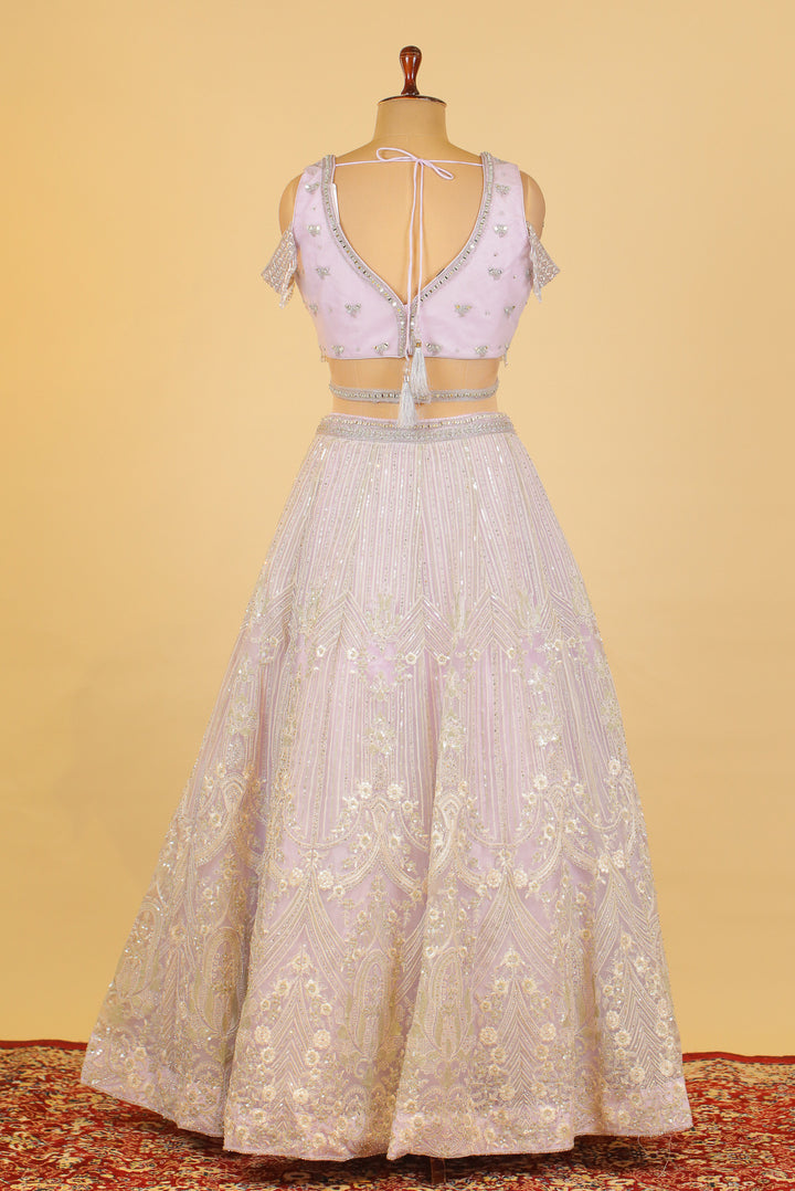 Light Lavender Mirror, Pearl, Thread, Stone and Beads work Crop Top Lehenga