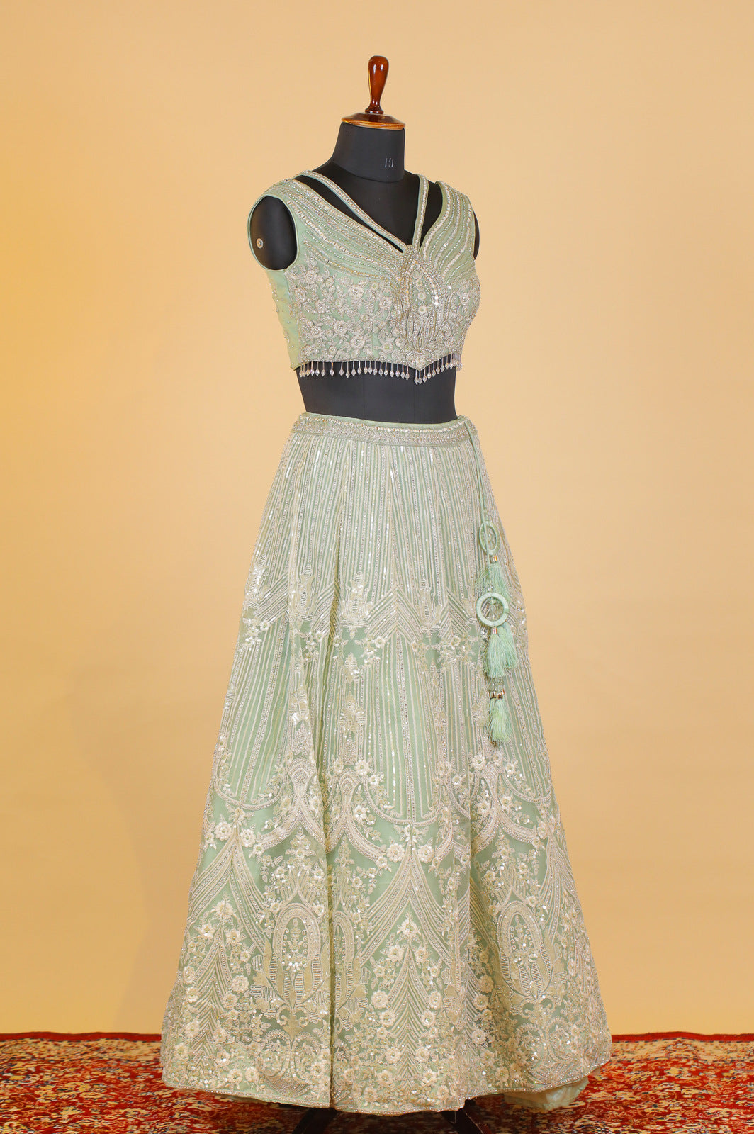 Sea Green Stone, Beads, Thread and Mirror work Crop Top Lehenga