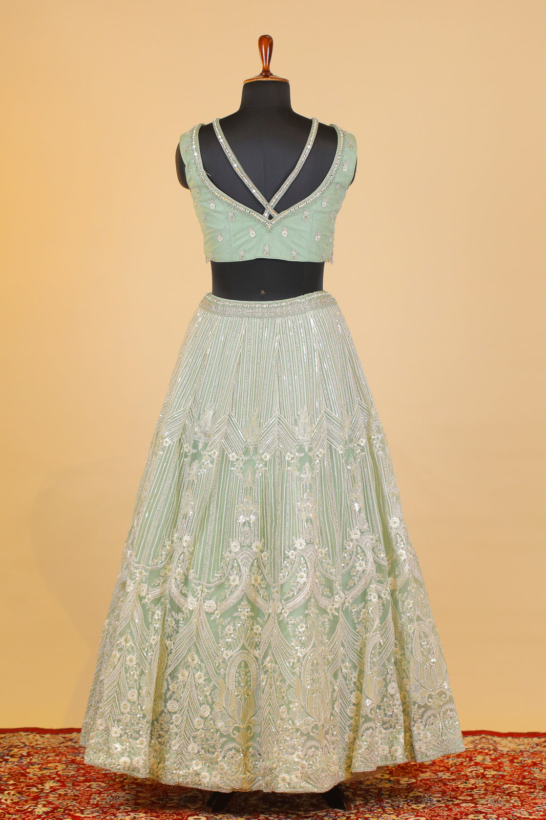 Sea Green Stone, Beads, Thread and Mirror work Crop Top Lehenga