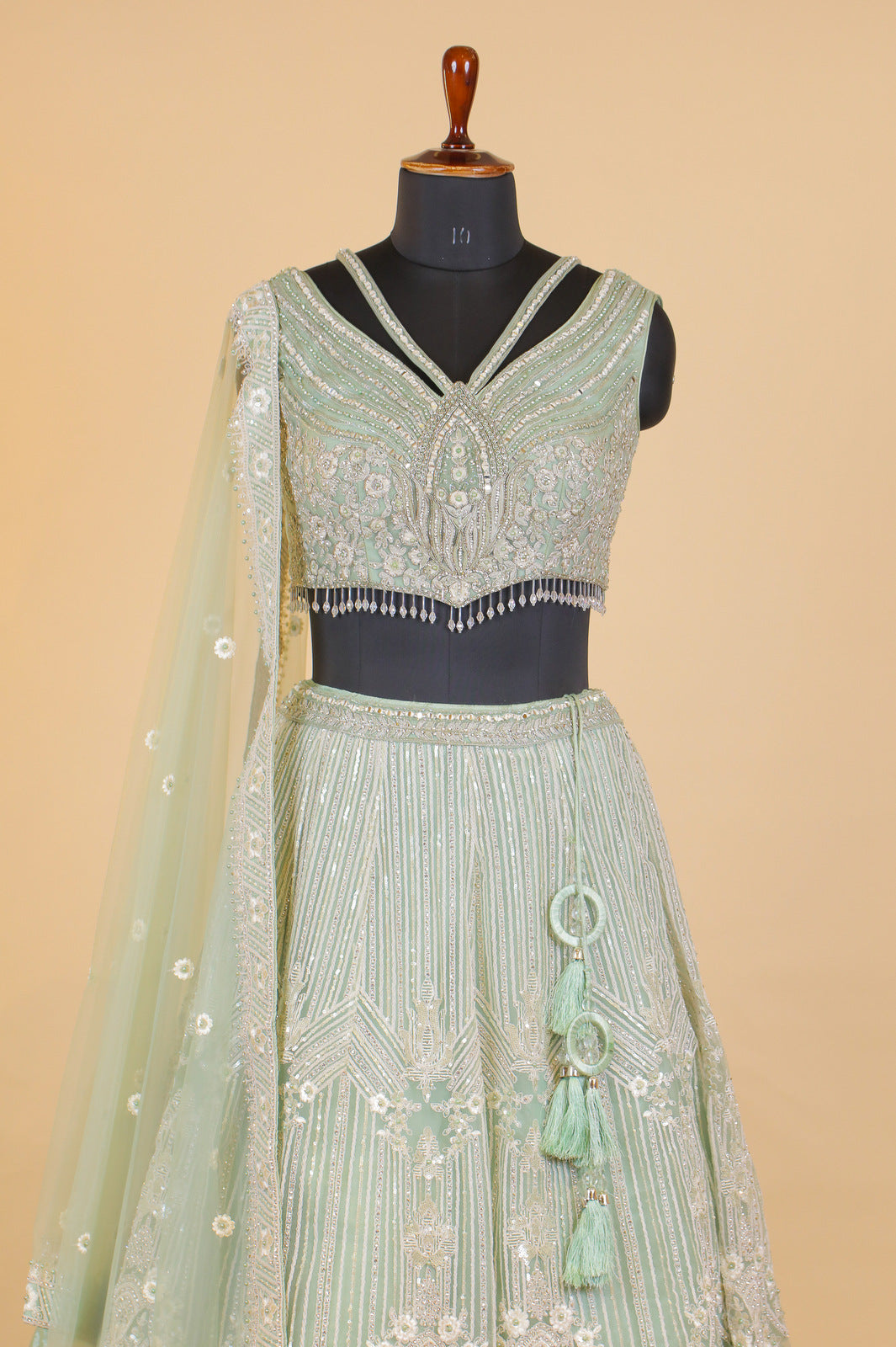 Sea Green Stone, Beads, Thread and Mirror work Crop Top Lehenga