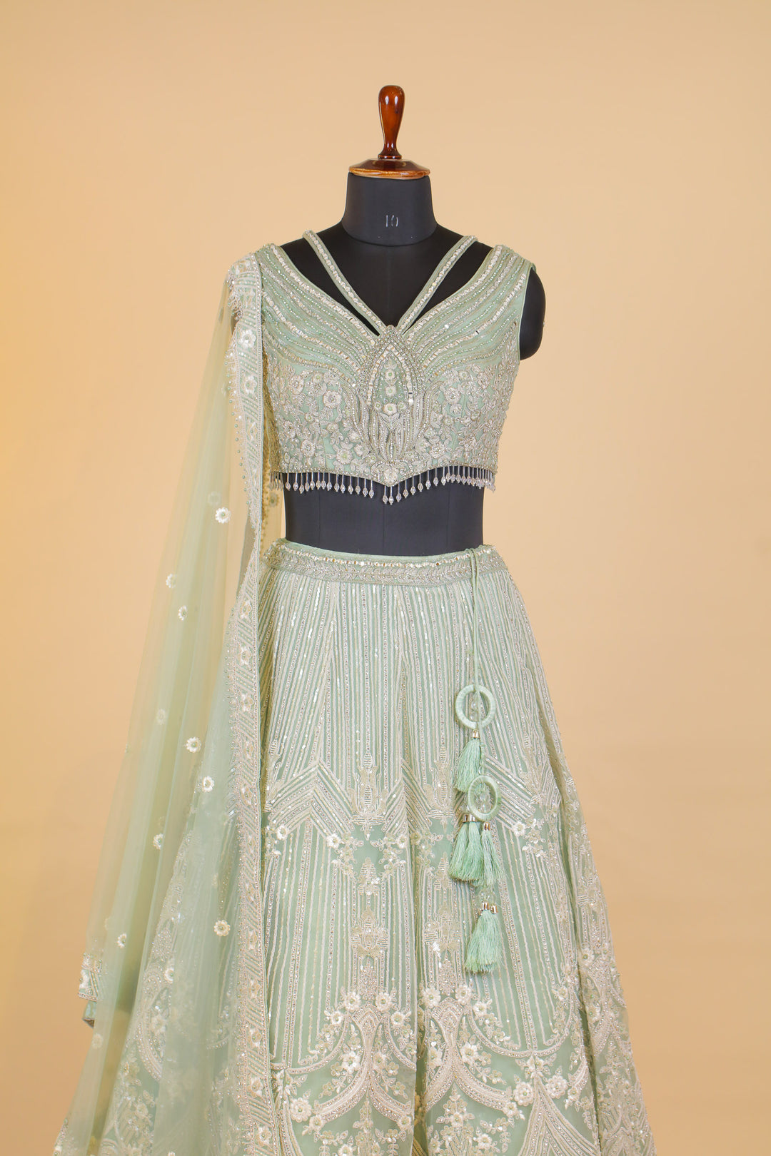 Sea Green Stone, Beads, Thread and Mirror work Crop Top Lehenga