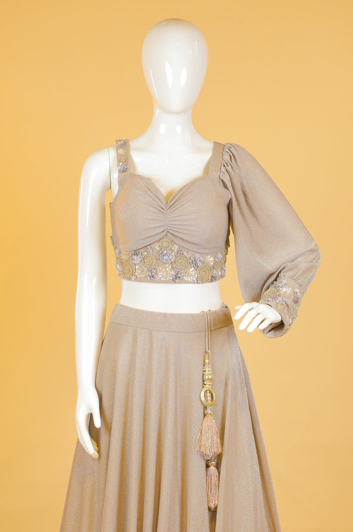 Light Grey Stone and Sequins work Crop Top Lehenga