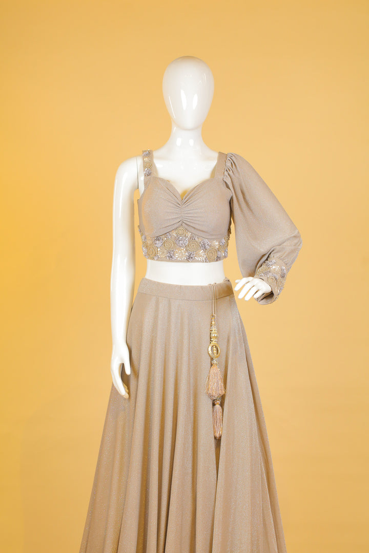 Light Grey Stone and Sequins work Crop Top Lehenga