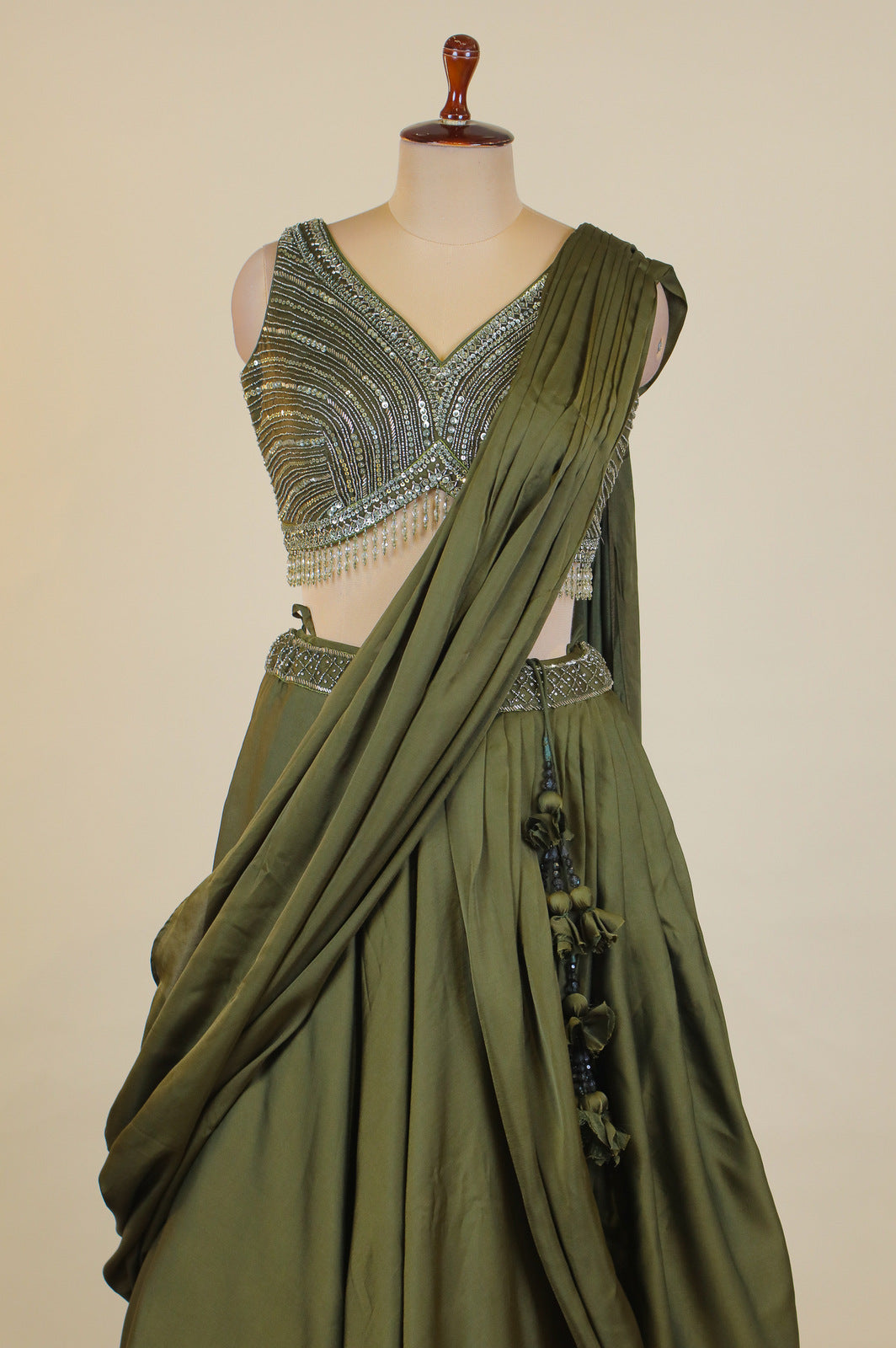 Olive Green Beads and Sequins work Crop Top Lehenga