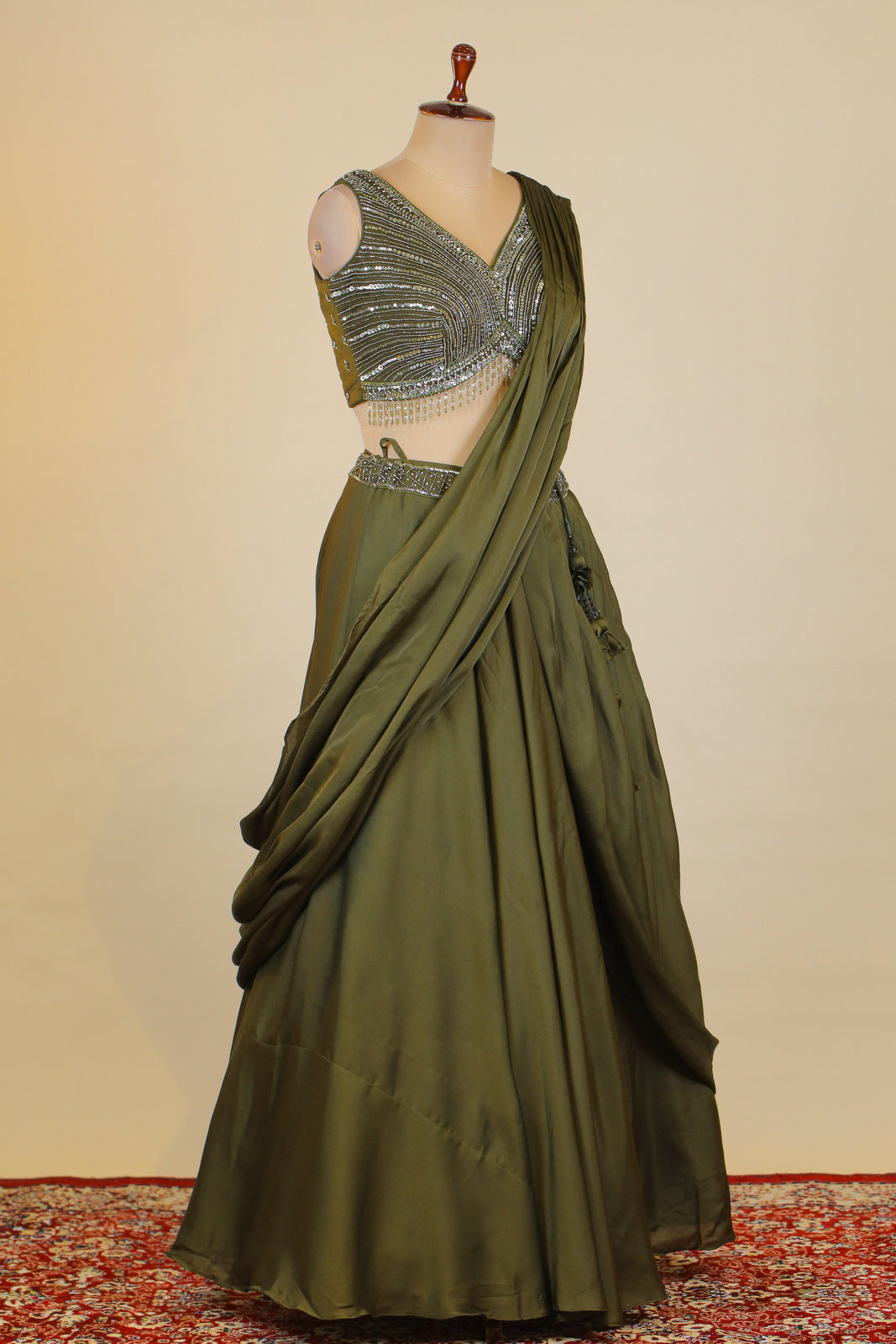 Olive Green Beads and Sequins work Crop Top Lehenga