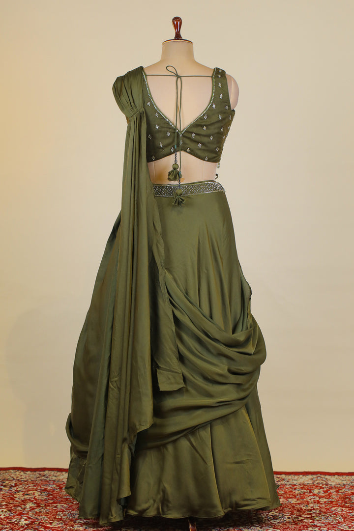 Olive Green Beads and Sequins work Crop Top Lehenga