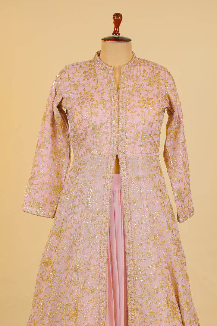 Onion Pink Sequins, Zari and Stone work Long Top Lehenga