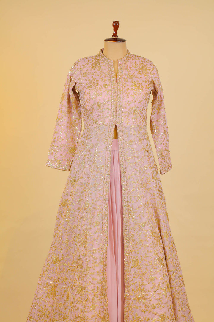 Onion Pink Sequins, Zari and Stone work Long Top Lehenga