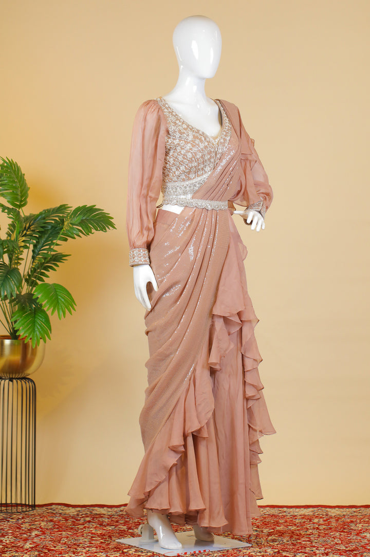 Onion Pearl, Zardozi, Sequins and Beads work Drape Styled Crop Top Palazzo Set