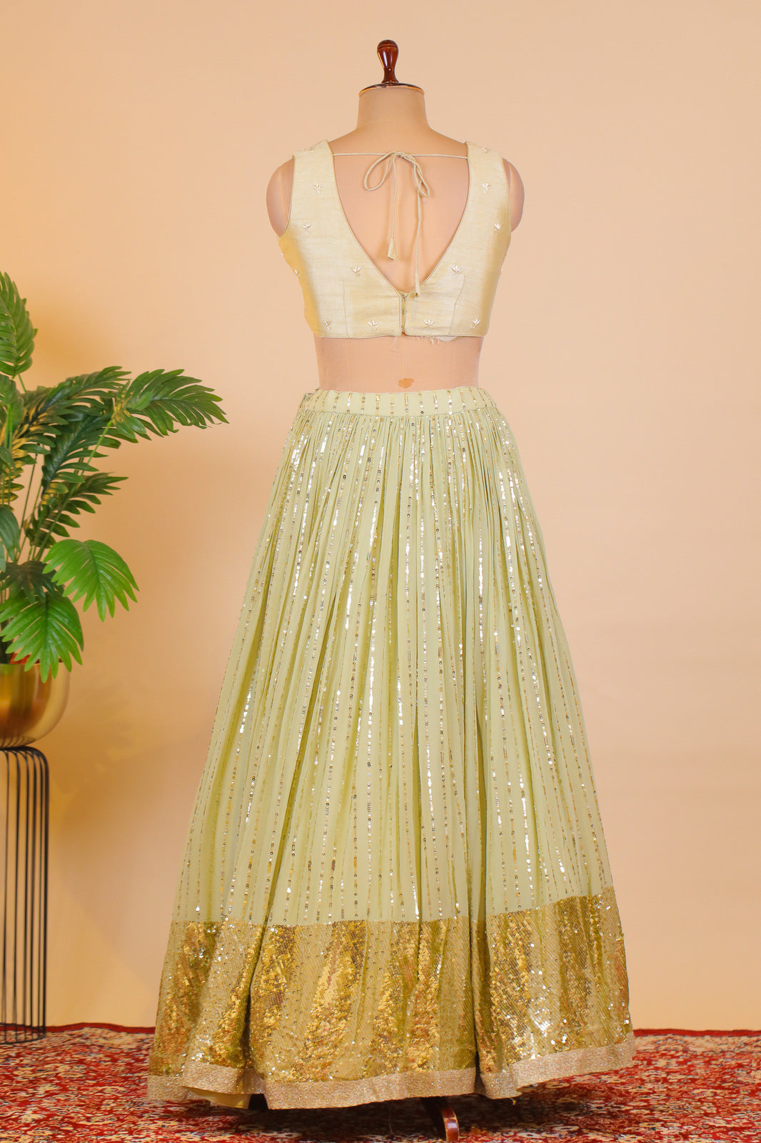 Pista Green Zardozi, Beads, Stone and Sequins work Crop Top Lehenga