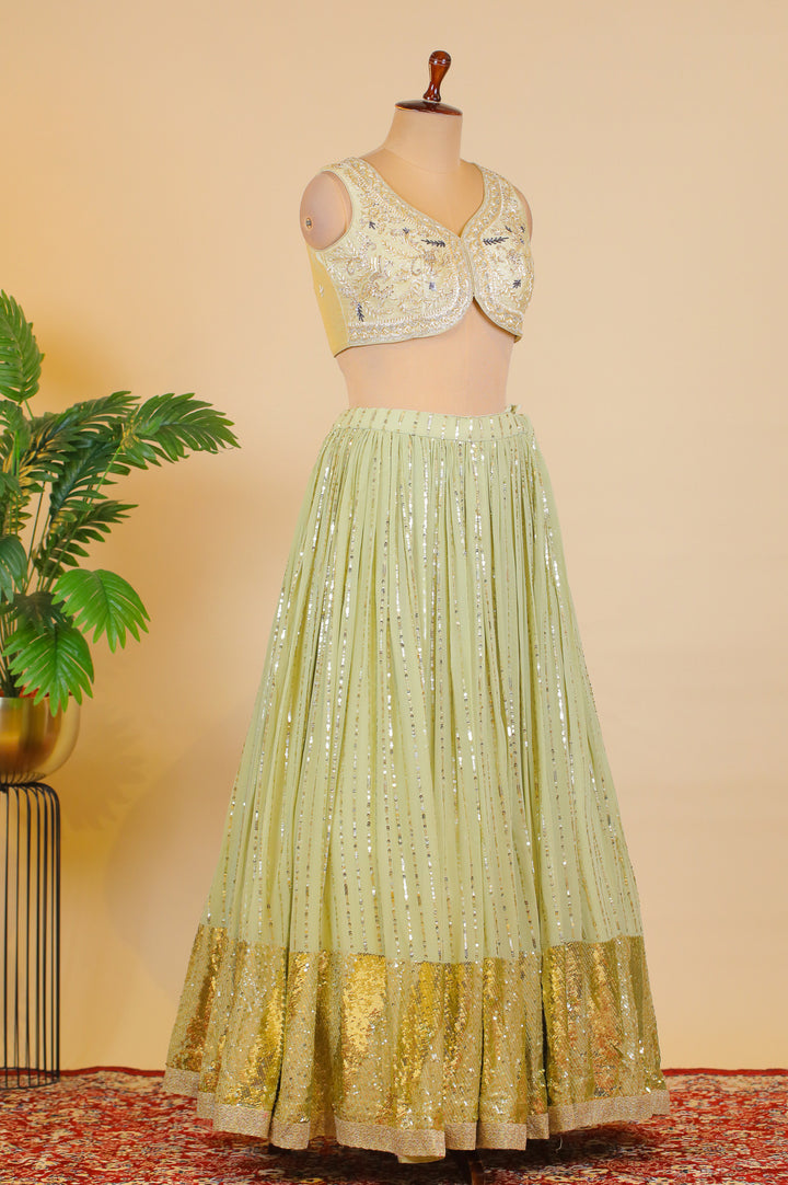 Pista Green Zardozi, Beads, Stone and Sequins work Crop Top Lehenga