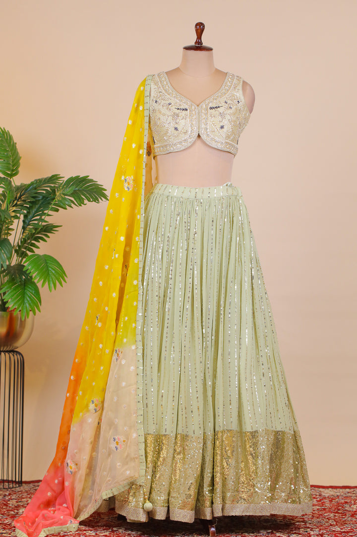 Pista Green Zardozi, Beads, Stone and Sequins work Crop Top Lehenga