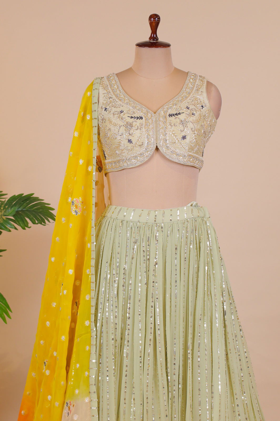 Pista Green Zardozi, Beads, Stone and Sequins work Crop Top Lehenga