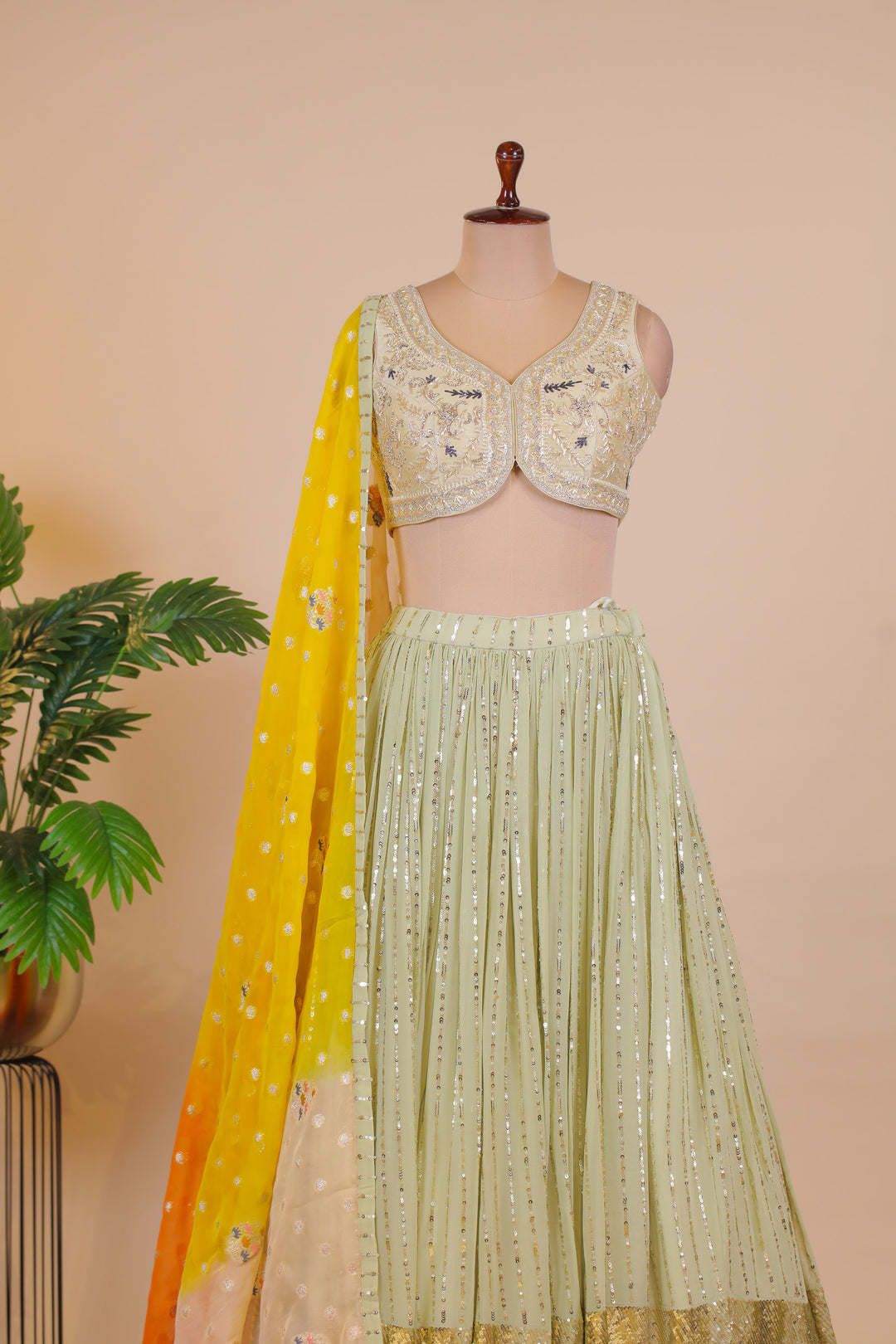 Pista Green Zardozi, Beads, Stone and Sequins work Crop Top Lehenga