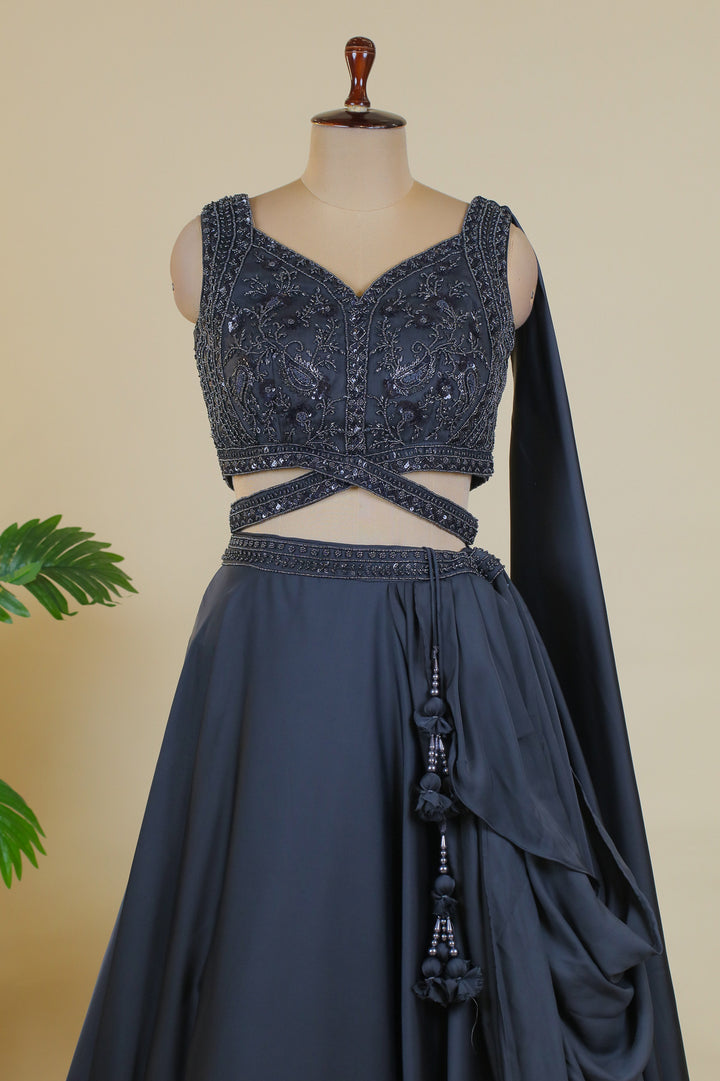 Grey Beads and Sequins work Crop Top Lehenga