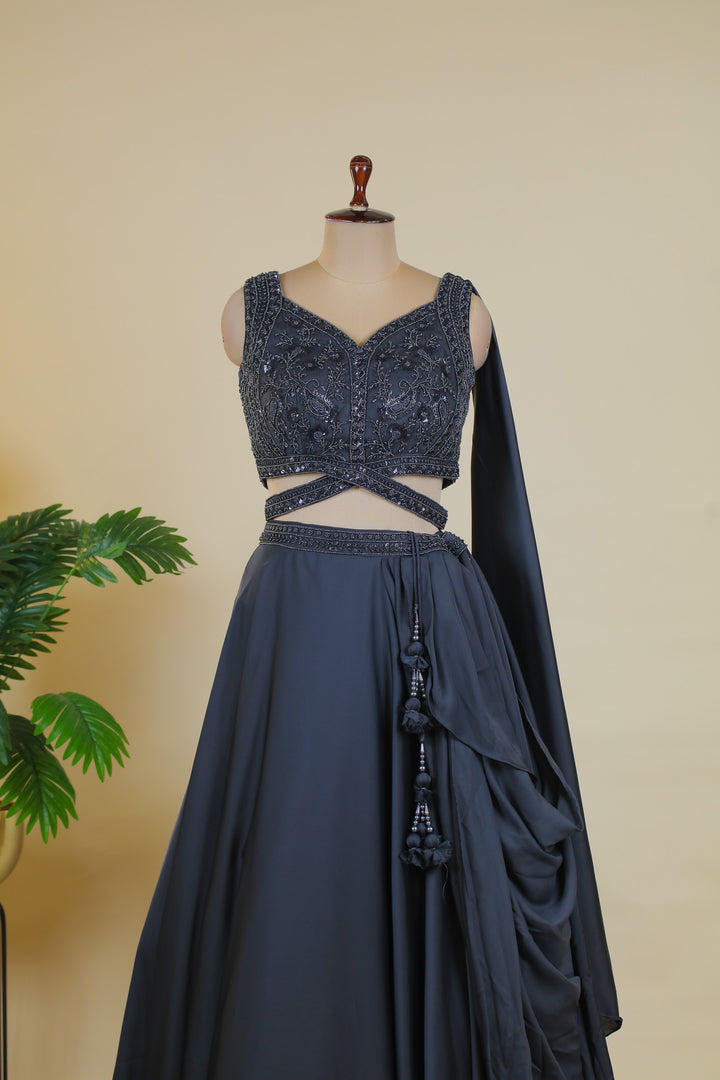 Grey Beads and Sequins work Crop Top Lehenga