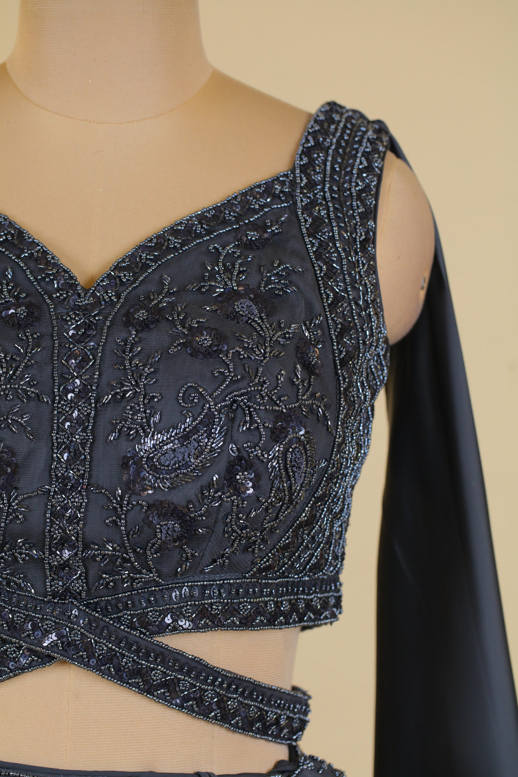 Grey Beads and Sequins work Crop Top Lehenga