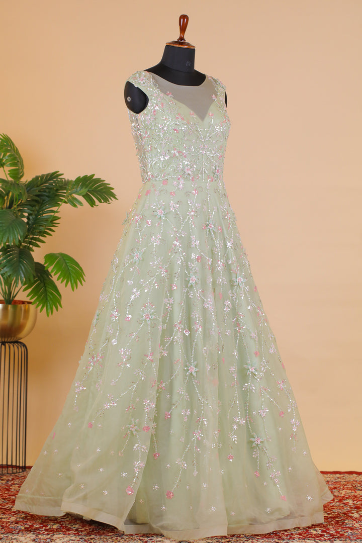 Pastel Green Sequins and Stone work Bridal and Partywear Gown