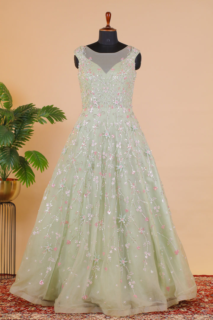 Pastel Green Sequins and Stone work Bridal and Partywear Gown