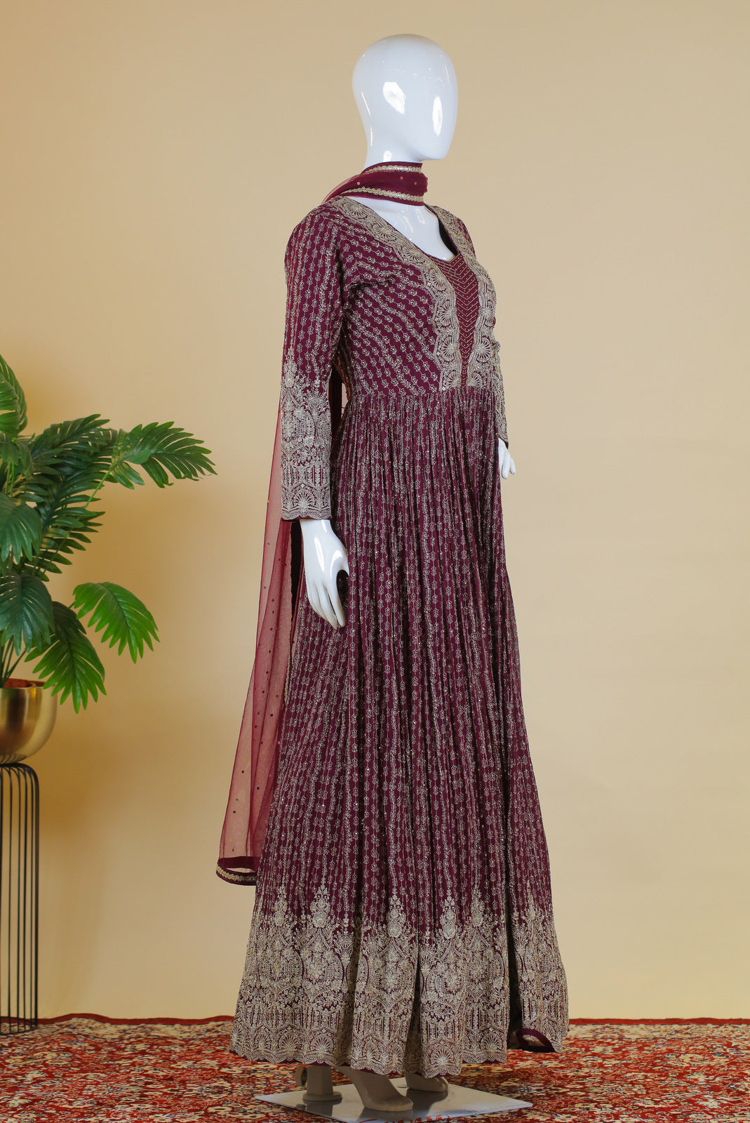 Wine Stone and Zari work Floor Length Anarkali Suit