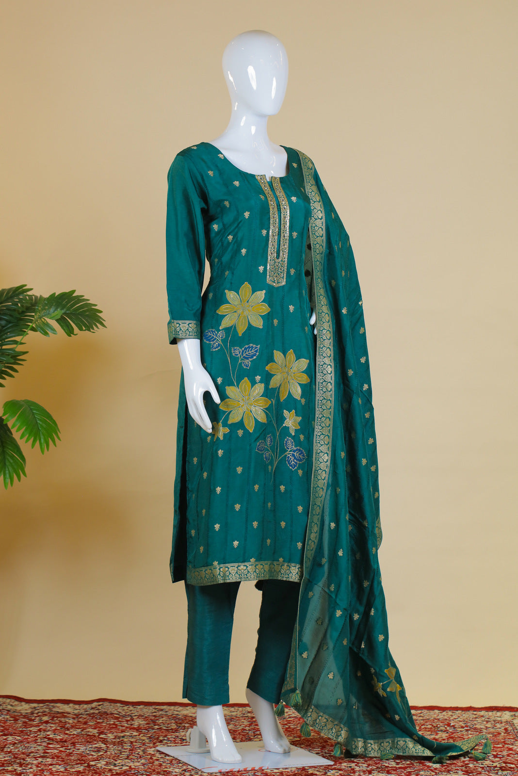 Green Banaras, Zardozi, Sequins and Thread work Straight Cut Salwar Suit