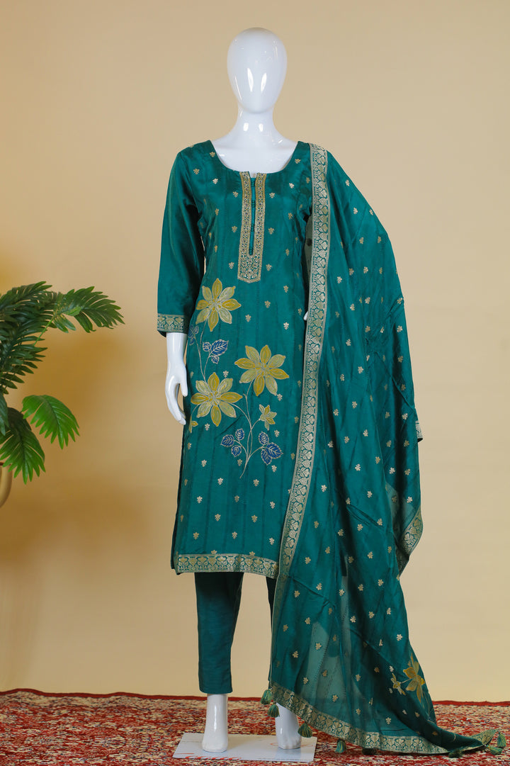 Green Banaras, Zardozi, Sequins and Thread work Straight Cut Salwar Suit