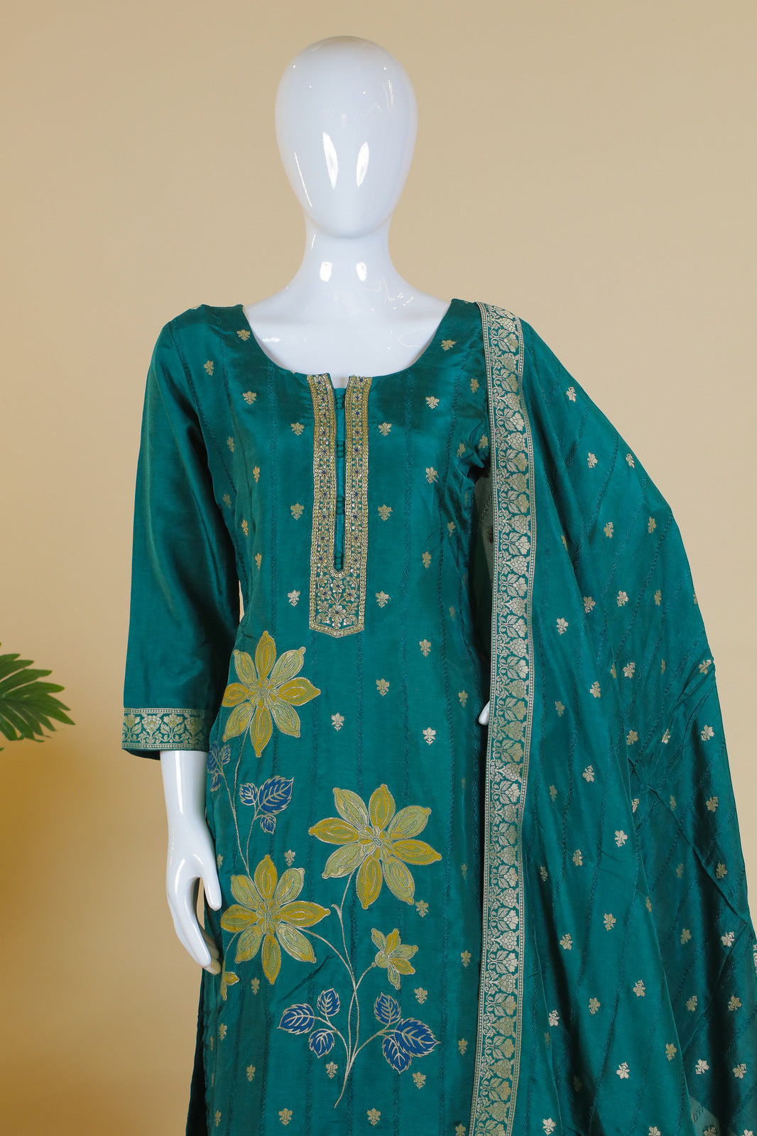 Green Banaras, Zardozi, Sequins and Thread work Straight Cut Salwar Suit